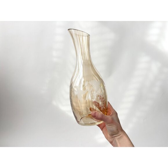 Etched Pale Yellow Glass Floral & Fruit Vintage Art Nouveau Oblique Glass Carafe - Picture 15 of 16